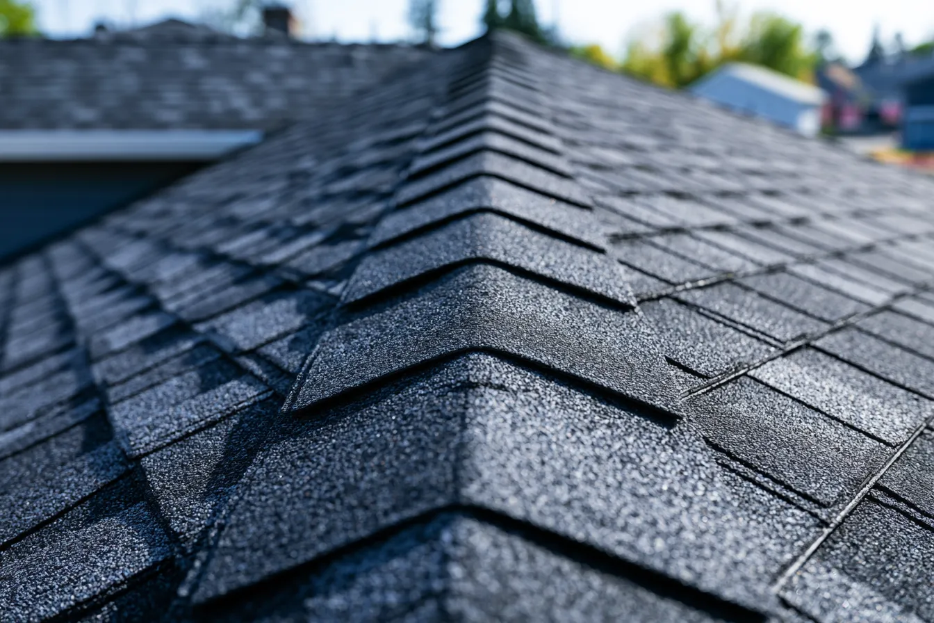 Hip ridge where dark shingle courses meet viewed from a low angle
