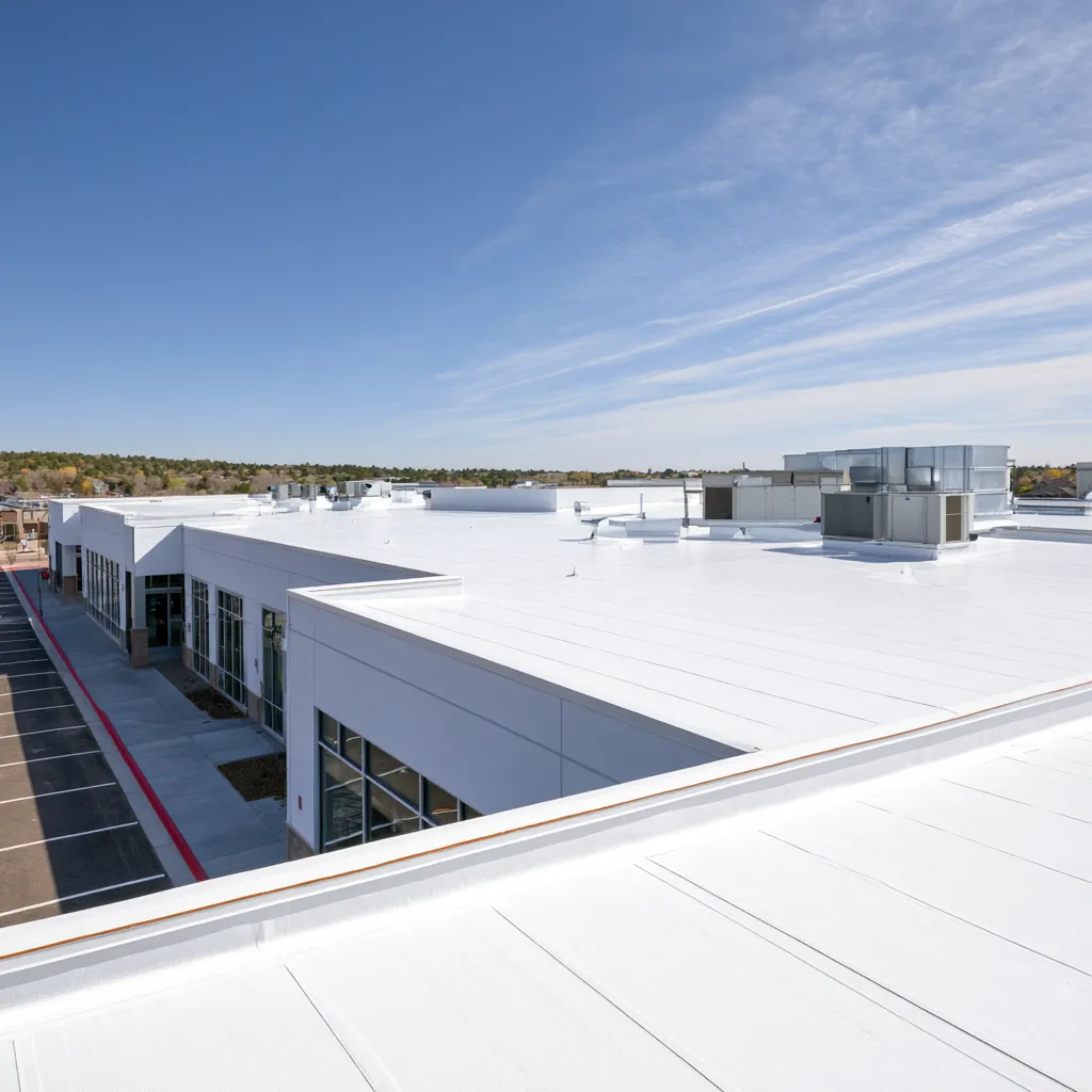 White flat roofing across a retail center beside a parking lot