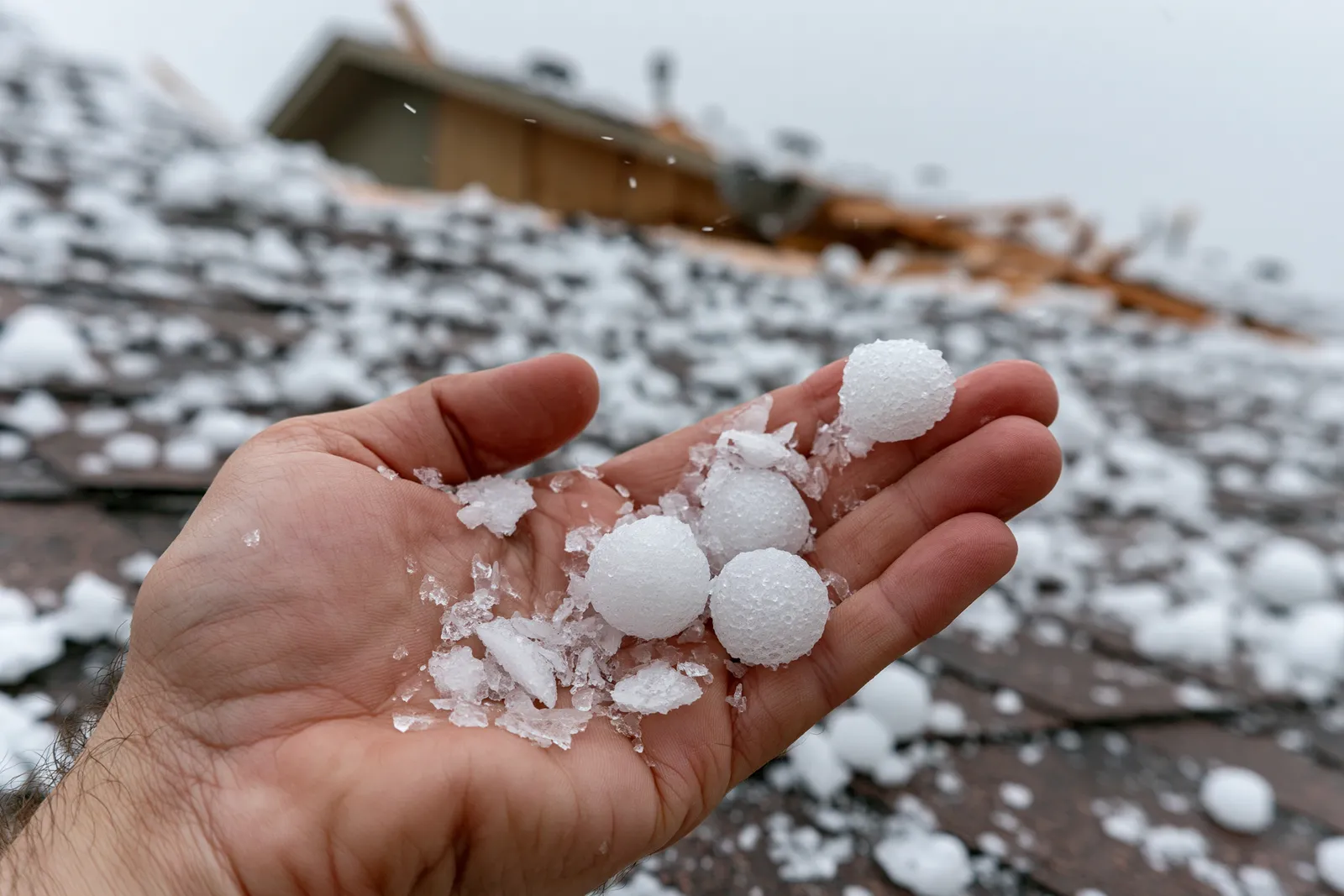 Several hailstones rest in an open hand above a roof stripped of its shingles
